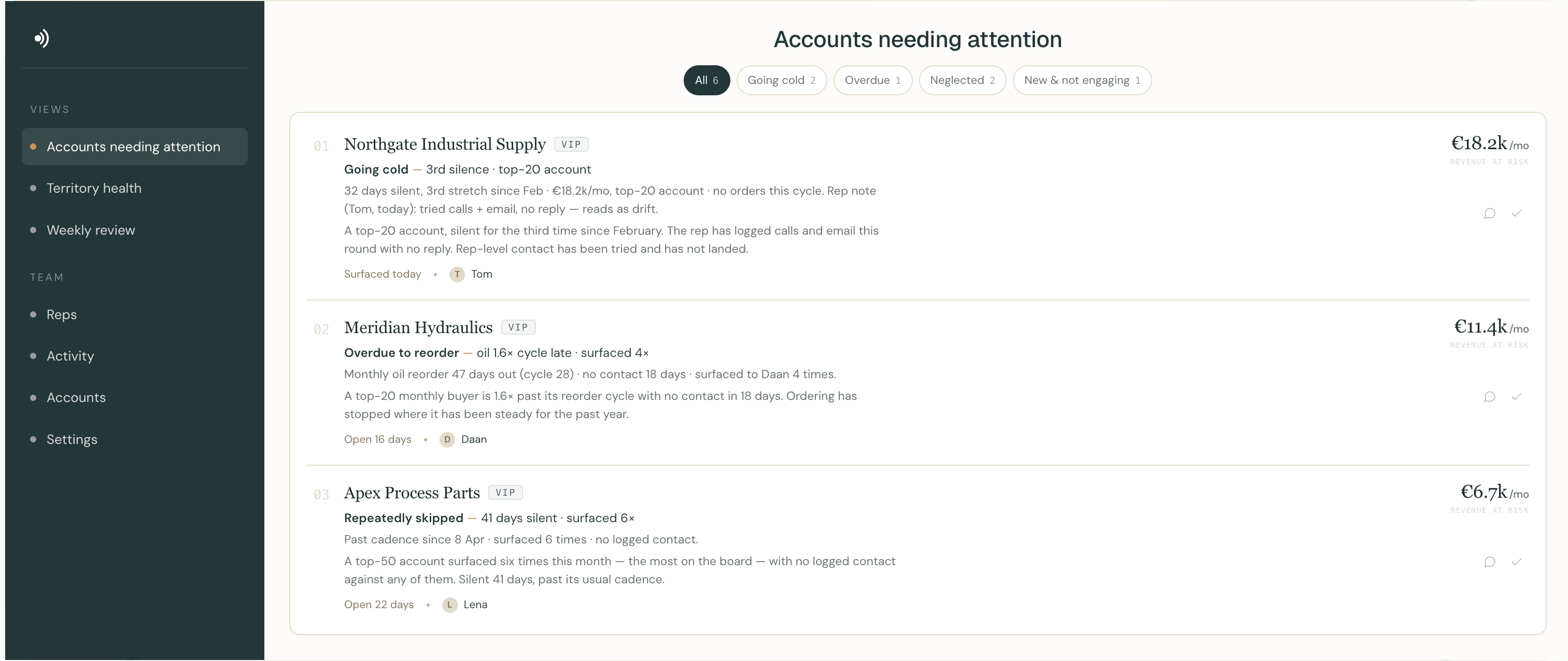 Stay Close rep capture and morning brief in WhatsApp, alongside the manager dashboard design