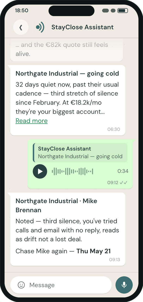 Stay Close rep capture and morning brief in WhatsApp, alongside the manager dashboard design