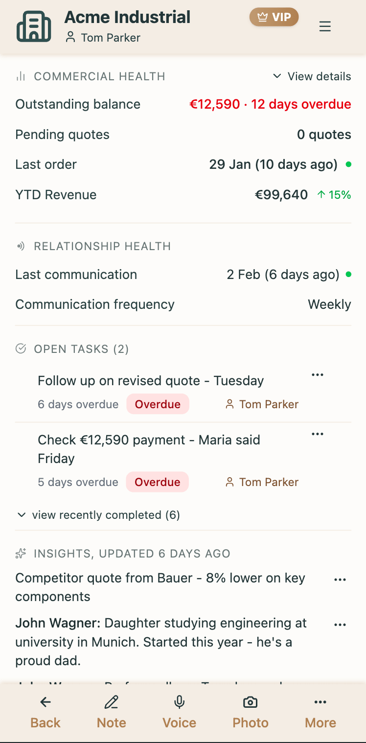 Customer profile showing business context, relationship health, and personal insights